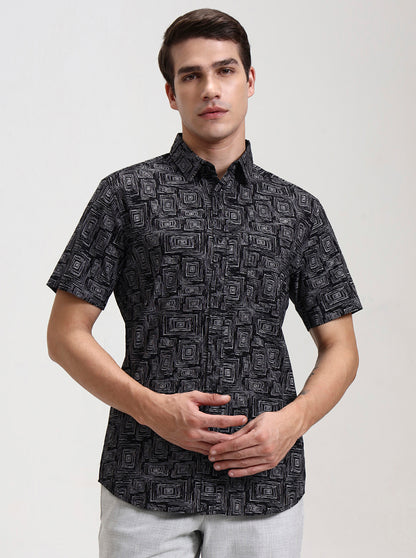 Black Printed Slim Fit Casual Shirt | JadeBlue
