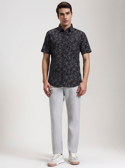 Black Printed Slim Fit Casual Shirt | JadeBlue