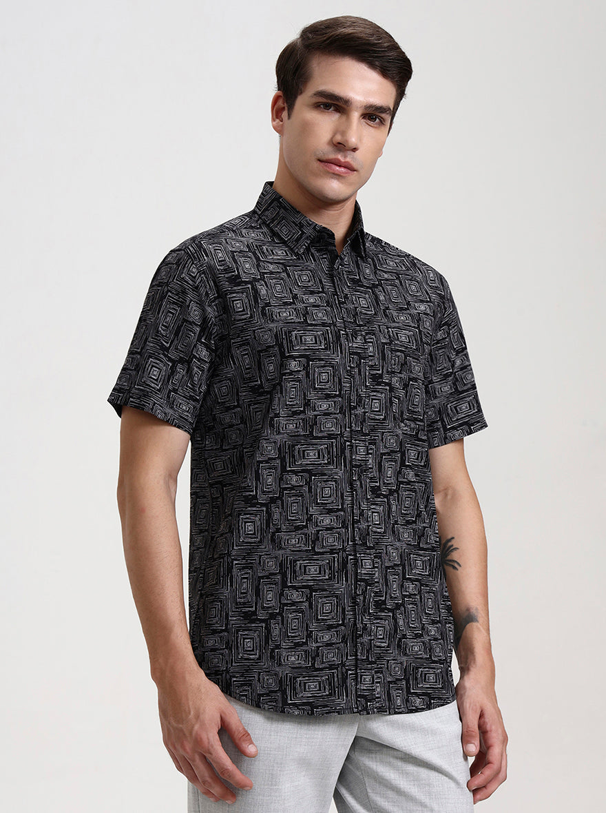 Black Printed Slim Fit Casual Shirt | JadeBlue