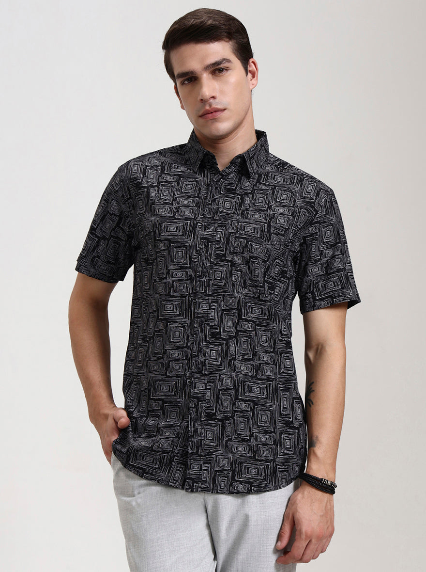 Black Printed Slim Fit Casual Shirt | JadeBlue