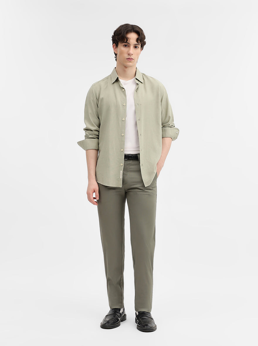 Light Olive Solid Uno Fit Casual Trouser | JadeBlue
