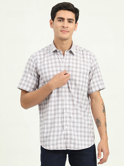Grey & Peach Checked Slim Fit Semi Casual Shirt | Greenfibre
