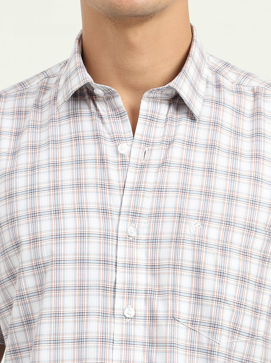 Grey & Peach Checked Slim Fit Semi Casual Shirt | Greenfibre