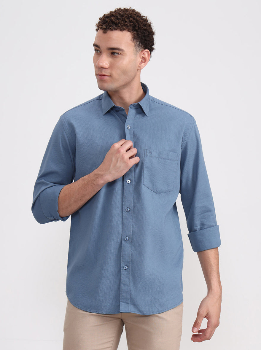 Blue Solid Tailored Fit Semi Casual Shirt | JadeBlue