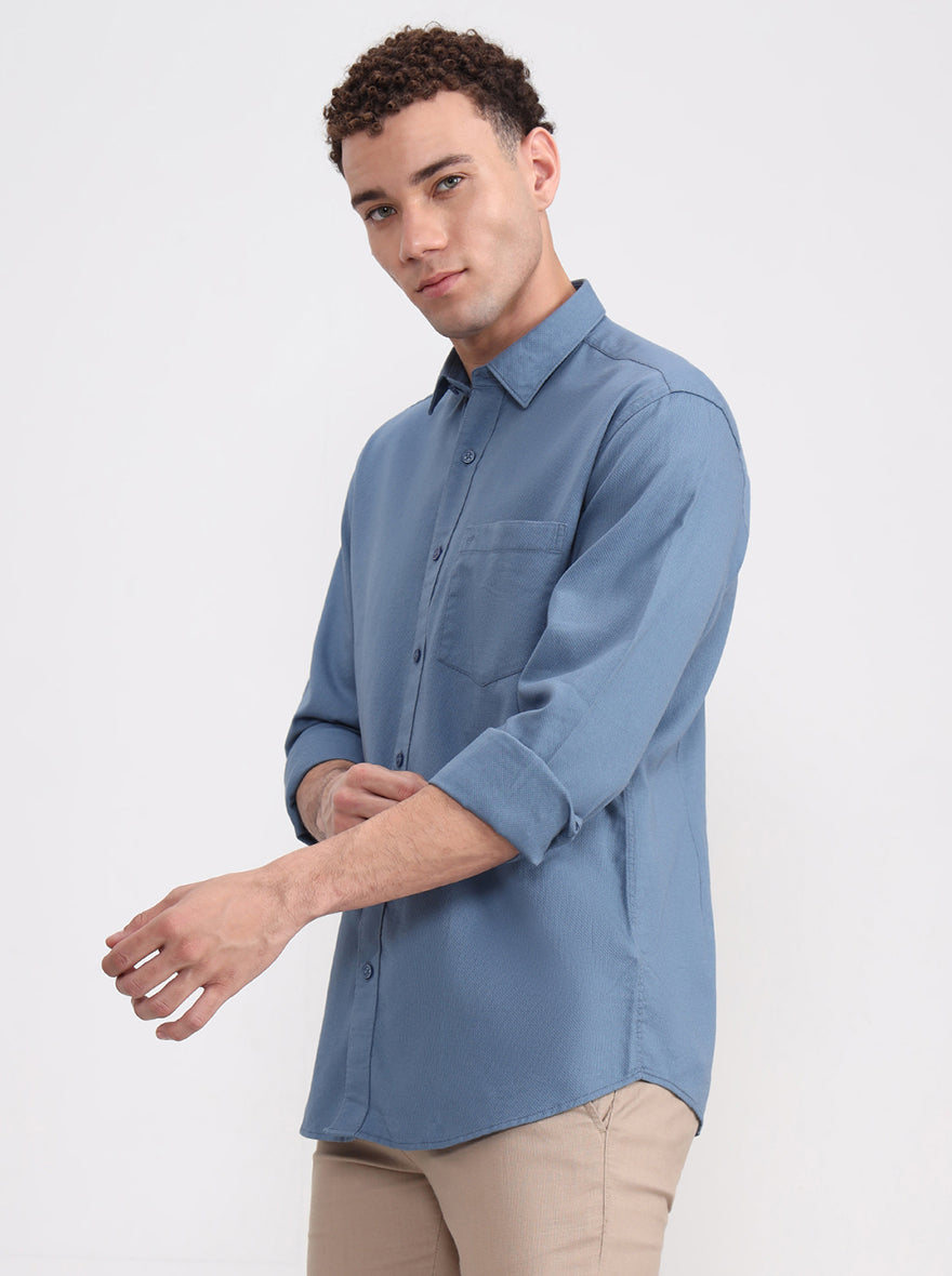 Blue Solid Tailored Fit Semi Casual Shirt | JadeBlue