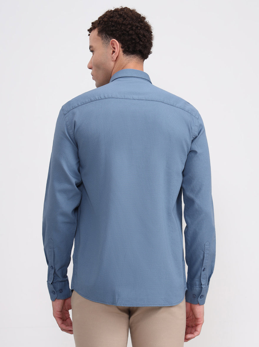 Blue Solid Tailored Fit Semi Casual Shirt | JadeBlue