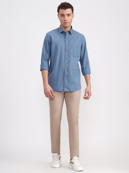 Blue Solid Tailored Fit Semi Casual Shirt | JadeBlue