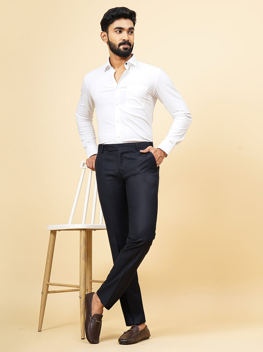 Navy Blue Solid Slim Fit Formal Trouser | Metal