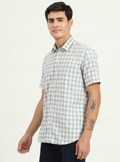 Grey & Green Checked Slim Fit Semi Casual Shirt | Greenfibre