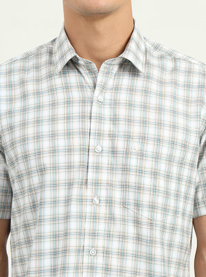 Grey & Green Checked Slim Fit Semi Casual Shirt | Greenfibre