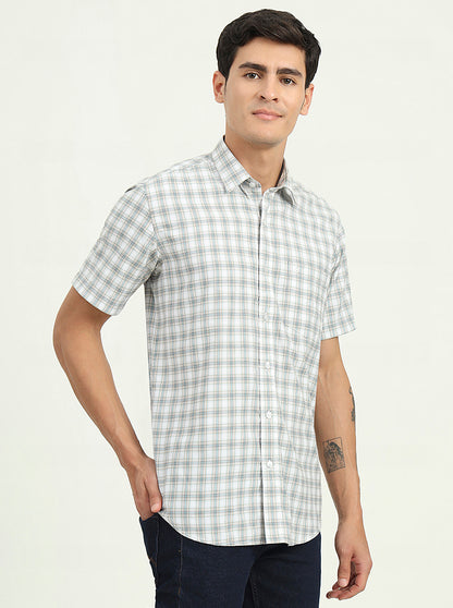Grey & Green Checked Slim Fit Semi Casual Shirt | Greenfibre