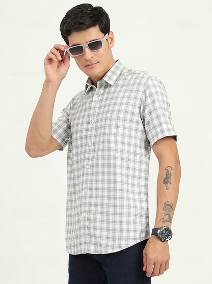 Grey & Green Checked Slim Fit Semi Casual Shirt | Greenfibre
