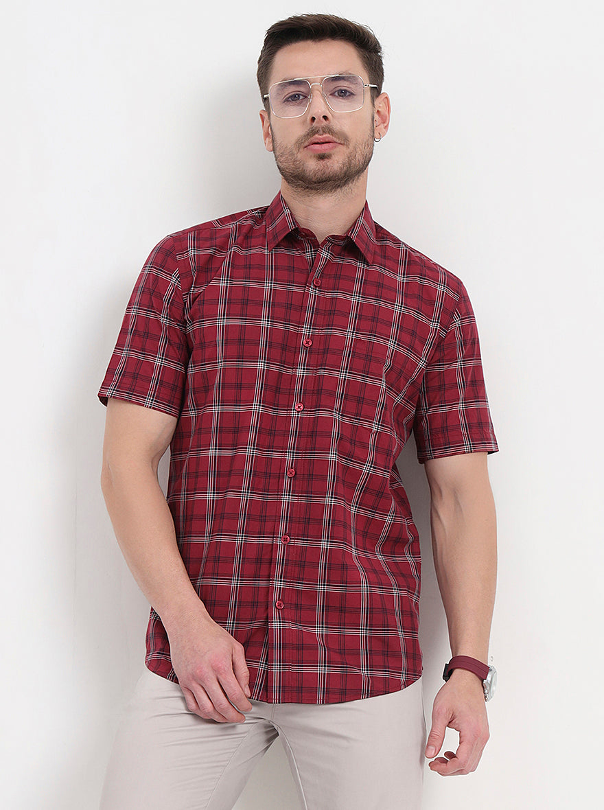 Maroon Checked Regular Fit Semi Casual Shirt | JadeBlue