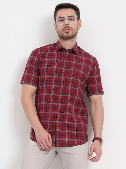 Maroon Checked Regular Fit Semi Casual Shirt | JadeBlue
