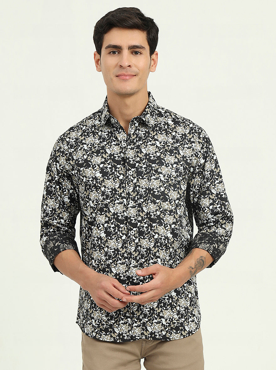 Dark Green Printed Slim Fit Casual Shirt | Greenfibre