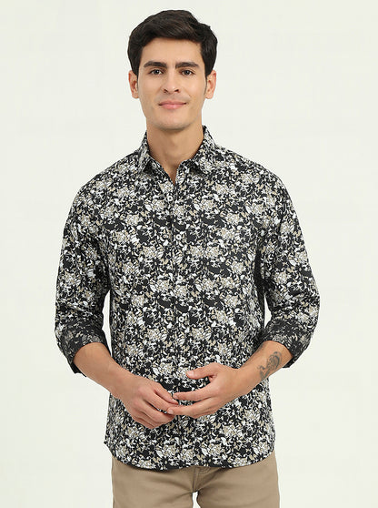 Dark Green Printed Slim Fit Casual Shirt | Greenfibre