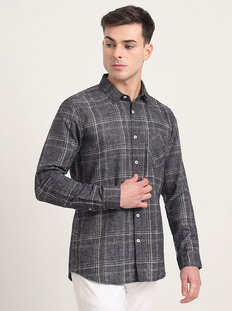 Grey Checked Slim Fit Casual Shirt | JadeBlue