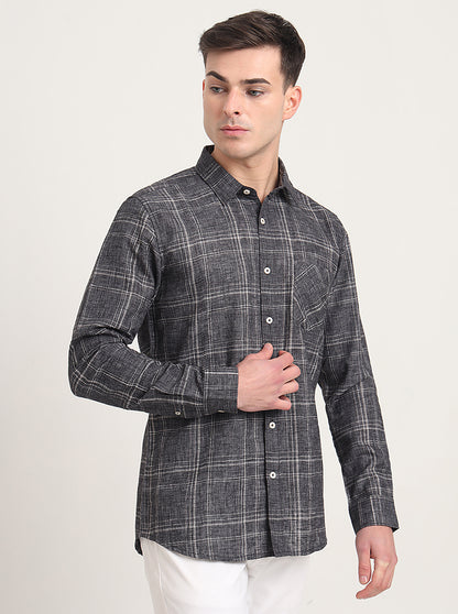Grey Checked Slim Fit Casual Shirt | JadeBlue