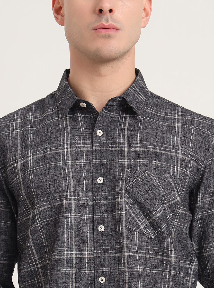 Grey Checked Slim Fit Casual Shirt | JadeBlue