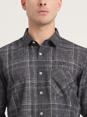 Grey Checked Slim Fit Casual Shirt | JadeBlue