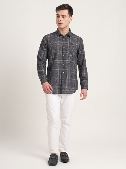 Grey Checked Slim Fit Casual Shirt | JadeBlue