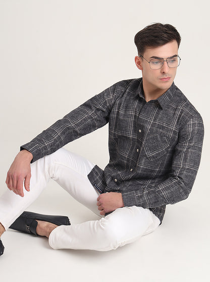 Grey Checked Slim Fit Casual Shirt | JadeBlue
