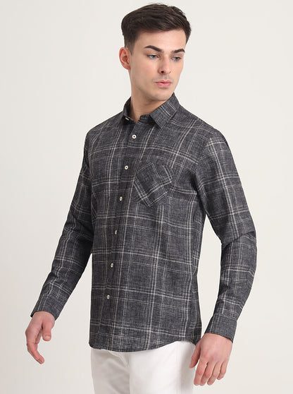 Grey Checked Slim Fit Casual Shirt | JadeBlue