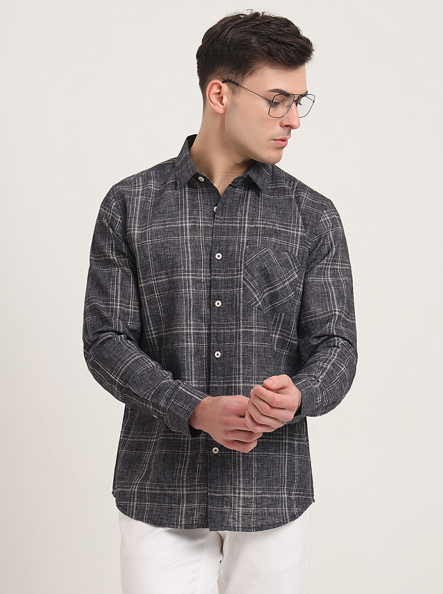 Grey Checked Slim Fit Casual Shirt | JadeBlue