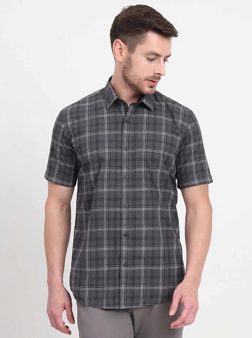 Grenish Green Checked Regular Fit Semi Casual Shirt | JadeBlue