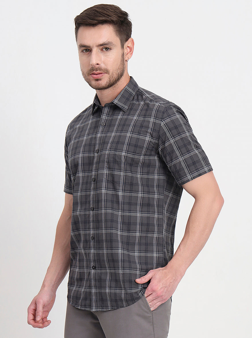 Grenish Green Checked Regular Fit Semi Casual Shirt | JadeBlue