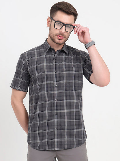 Grenish Green Checked Regular Fit Semi Casual Shirt | JadeBlue