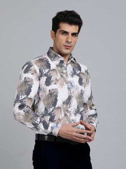White Printed Slim Fit Party Wear Shirt | Wyre