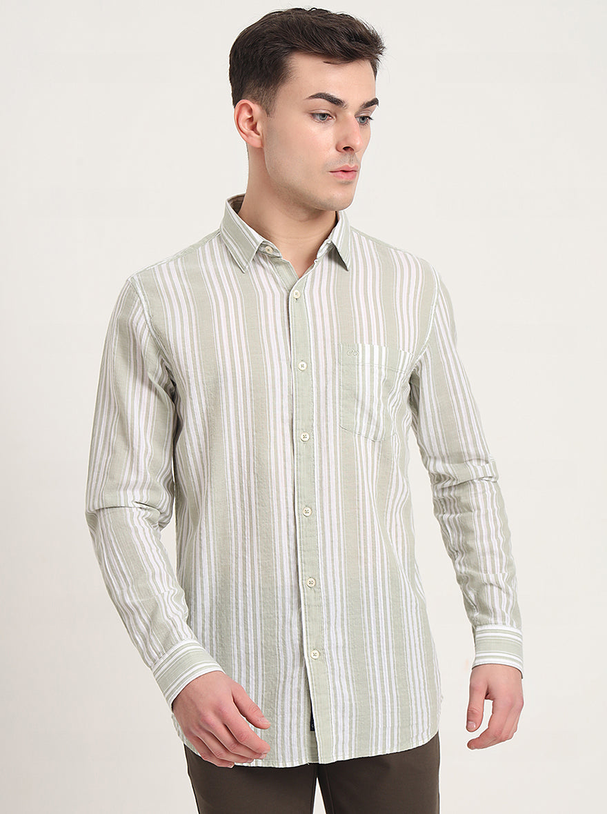 Light Green Striped Slim Fit Casual Shirt | JadeBlue