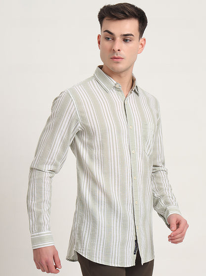 Light Green Striped Slim Fit Casual Shirt | JadeBlue