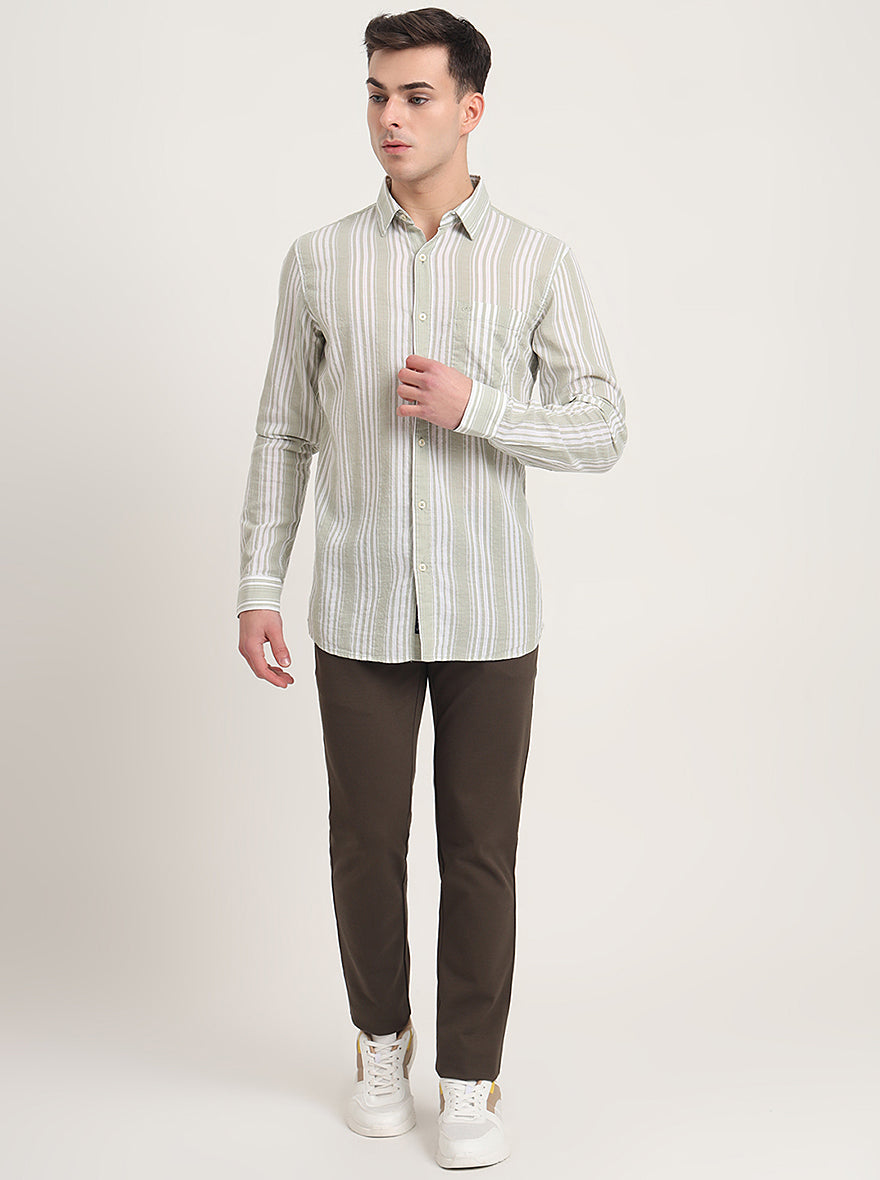 Light Green Striped Slim Fit Casual Shirt | JadeBlue