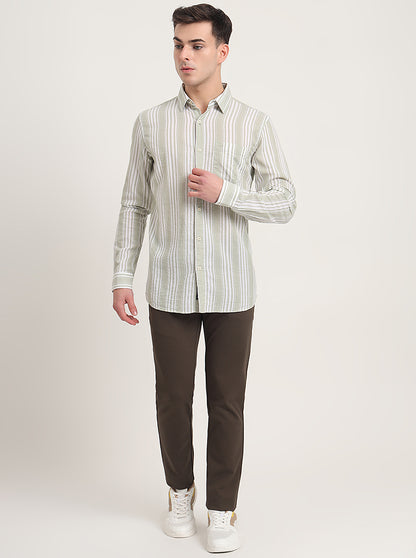 Light Green Striped Slim Fit Casual Shirt | JadeBlue