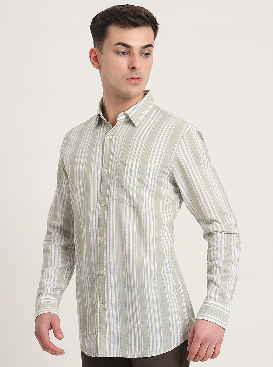 Light Green Striped Slim Fit Casual Shirt | JadeBlue