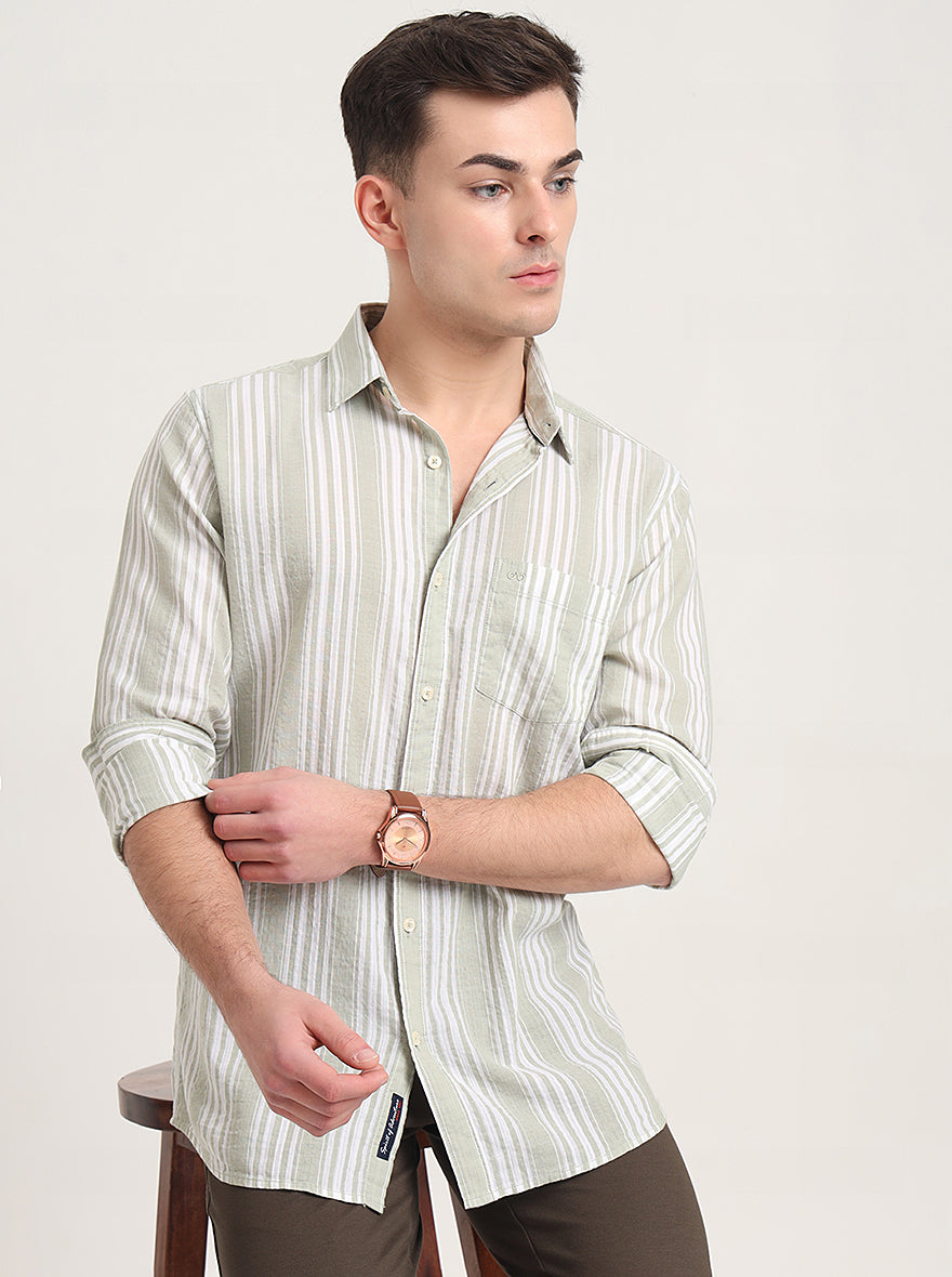 Light Green Striped Slim Fit Casual Shirt | JadeBlue