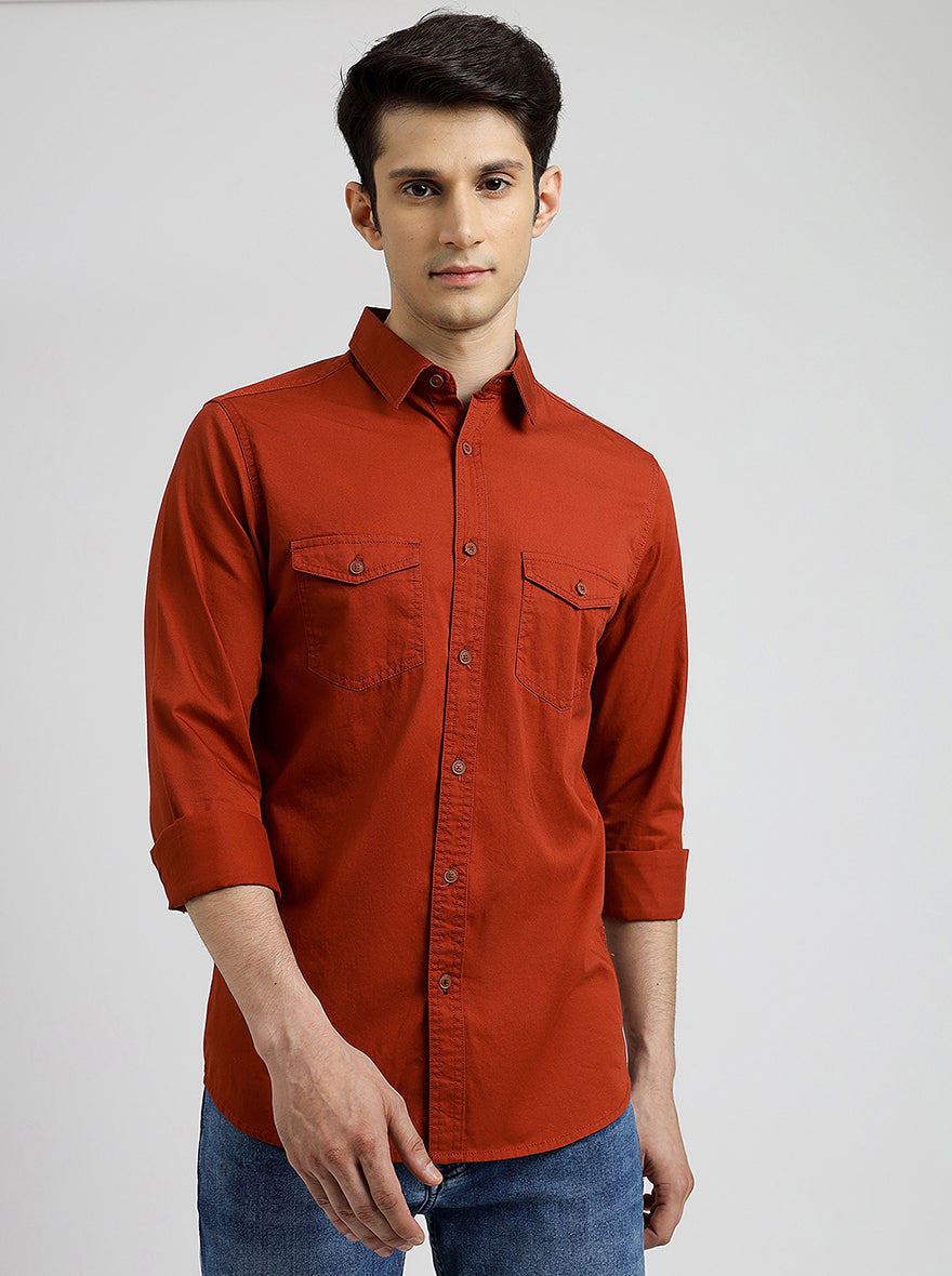 Rust Solid Slim Fit Casual Shirt | JadeBlue