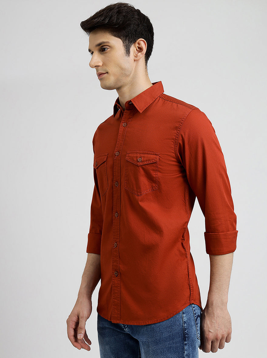 Rust Solid Slim Fit Casual Shirt | JadeBlue