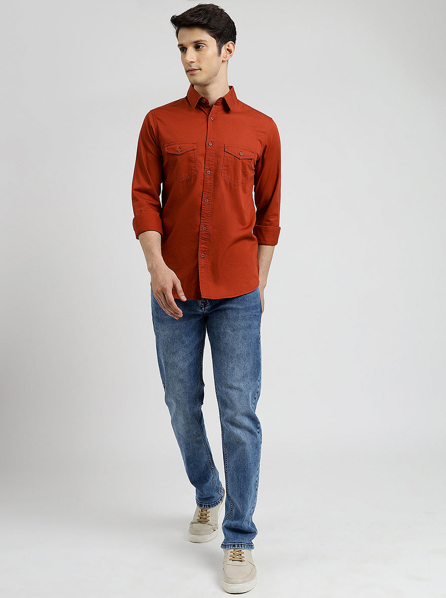 Rust Solid Slim Fit Casual Shirt | JadeBlue