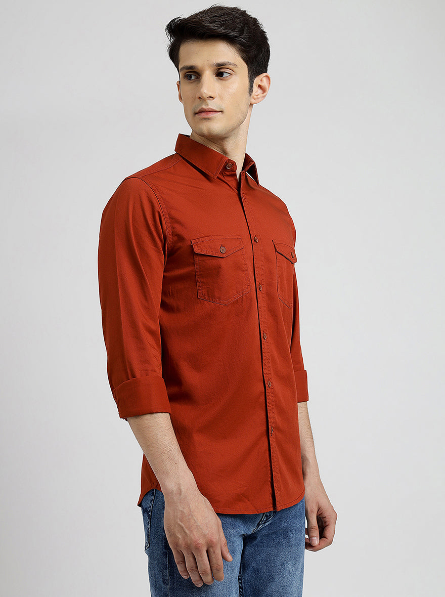 Rust Solid Slim Fit Casual Shirt | JadeBlue