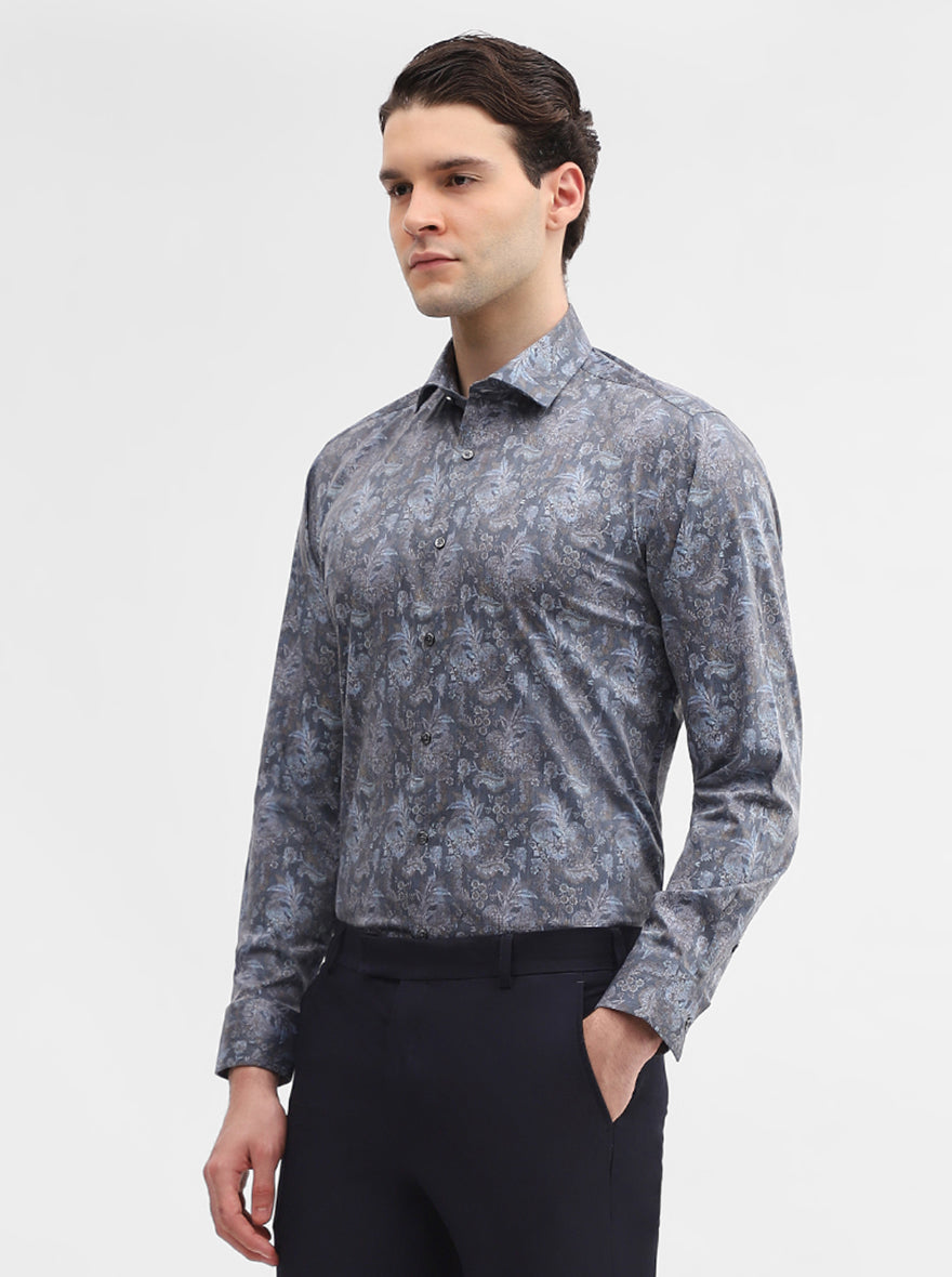 Grey Printed Slim Fit Party Wear Shirt | Greenfibre