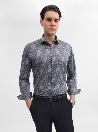 Grey Printed Slim Fit Party Wear Shirt | Greenfibre