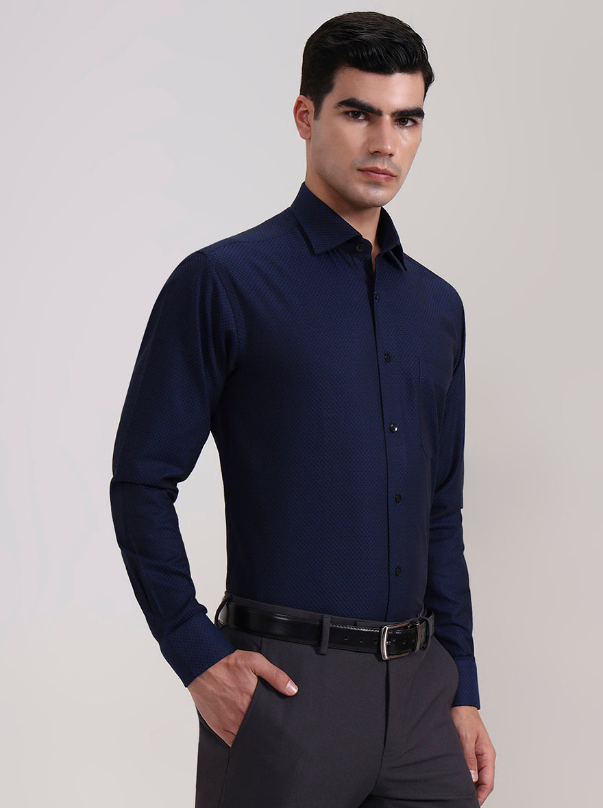 Navy Blue Solid Slim Fit Formal Shirt | Metal