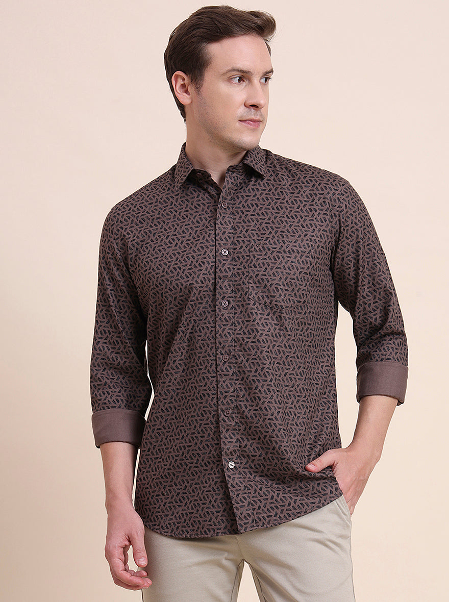 Chocolate Printed Tailored Fit Semi Casual Shirt | JadeBlue