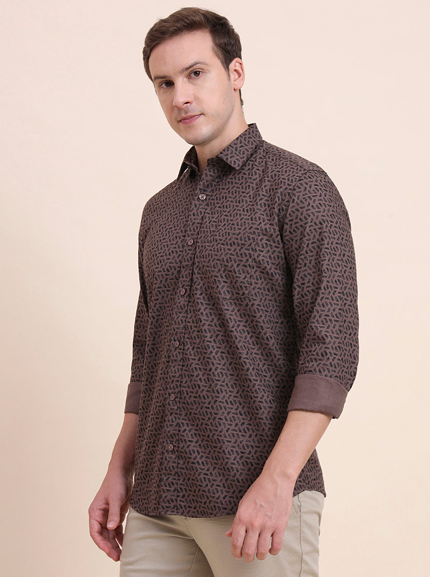 Chocolate Printed Tailored Fit Semi Casual Shirt | JadeBlue
