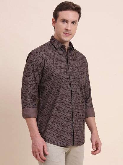 Chocolate Printed Tailored Fit Semi Casual Shirt | JadeBlue