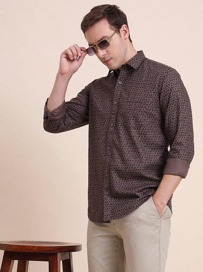 Chocolate Printed Tailored Fit Semi Casual Shirt | JadeBlue
