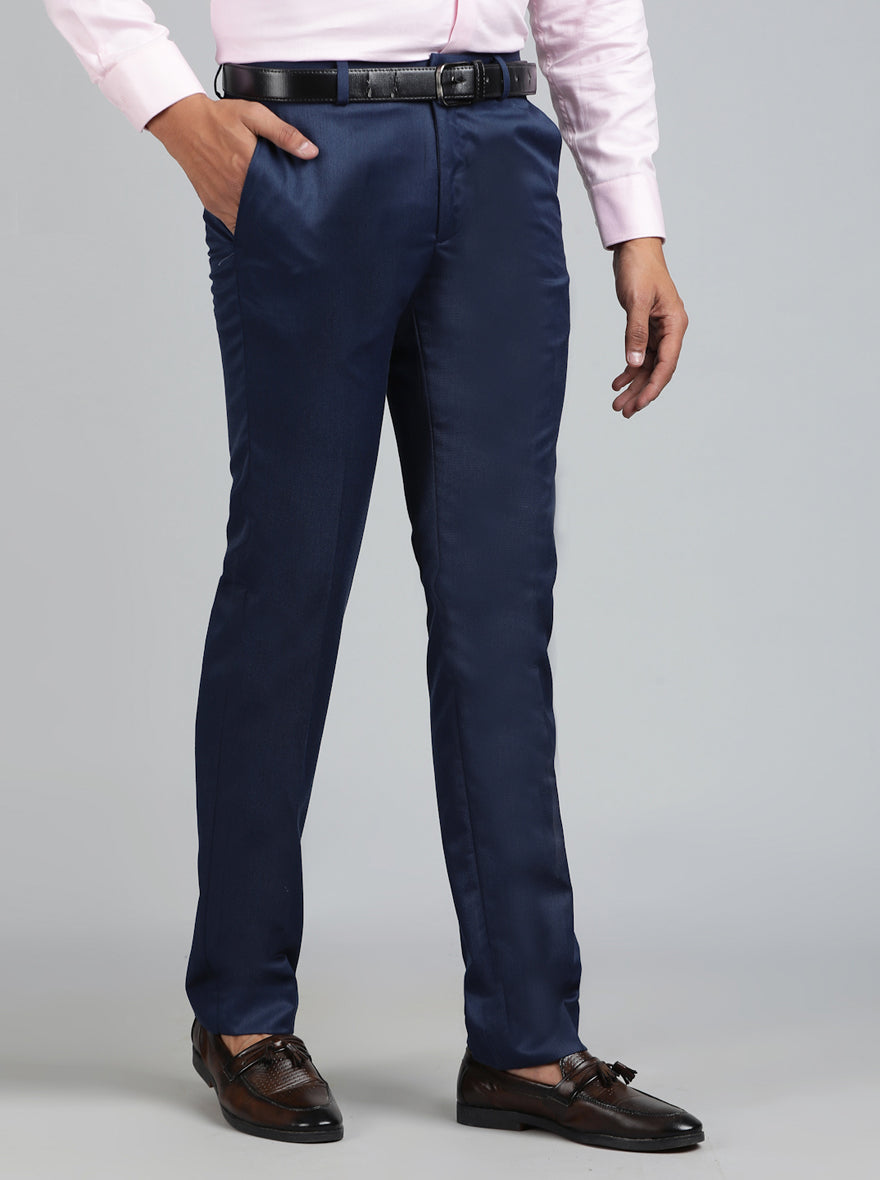 Blue Solid Slim Fit Formal Trouser | Greenfibre